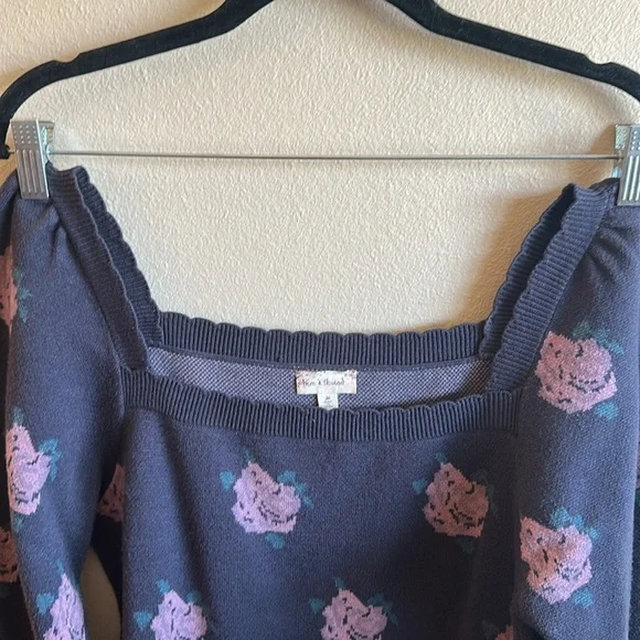 Hem & Thread Square Neck Floral Sweater Long Sleeve Charcoal Womens Size M - Picture 5 of 11
